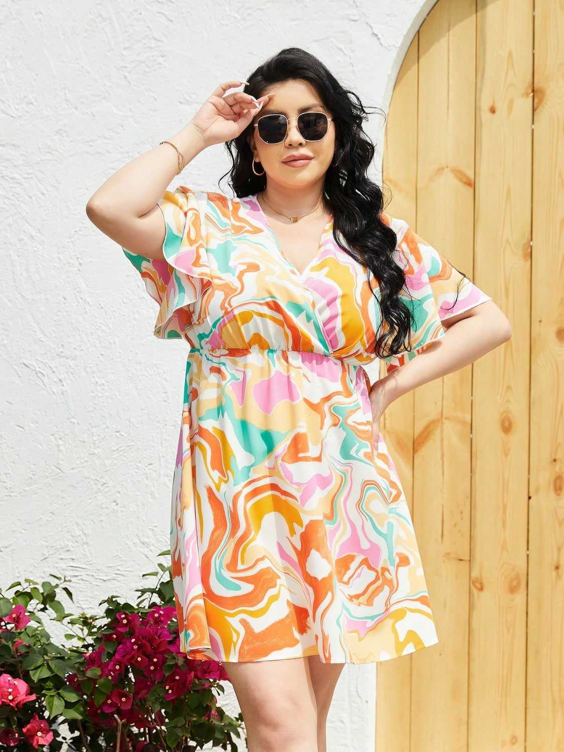 Plus Size Printed Surplice Flutter Sleeve Mini Dress - The Boutie Shop