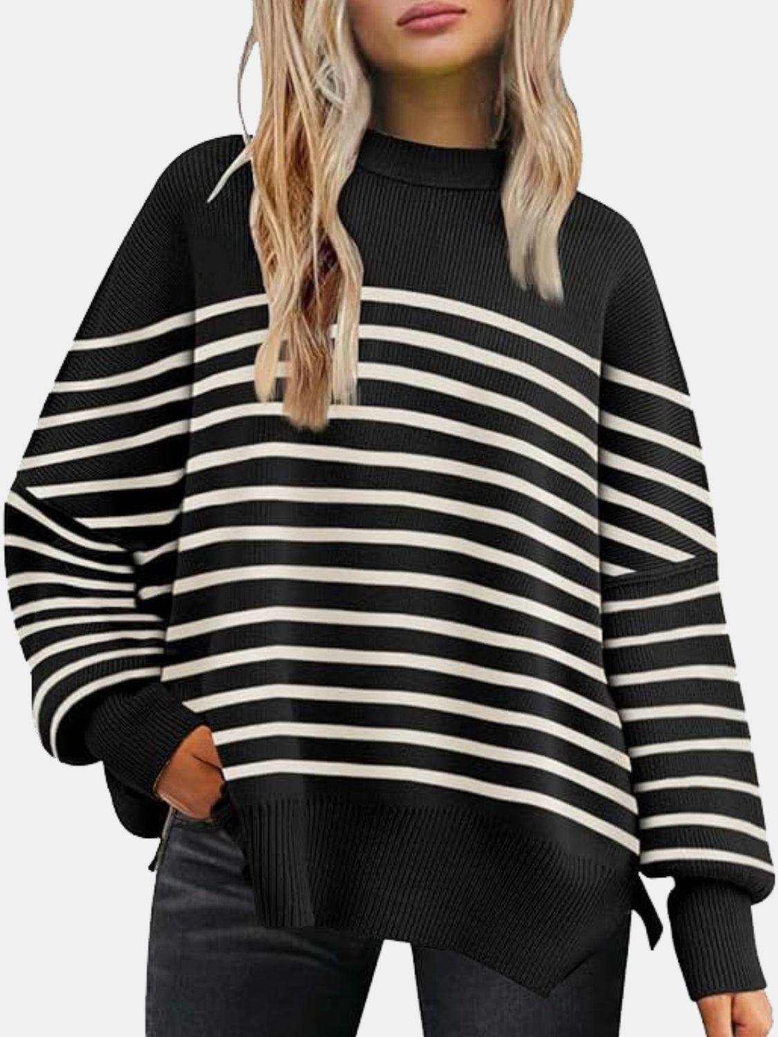 Round Neck Drop Shoulder Slit Sweater - The Boutie Shop