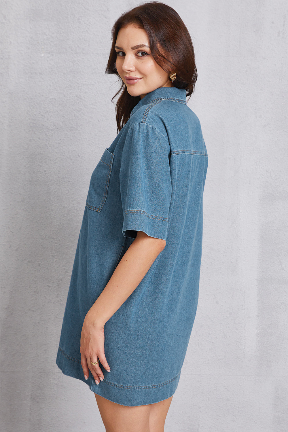 Pocketed Collared Neck Mini Denim Dress - The Boutie Shop