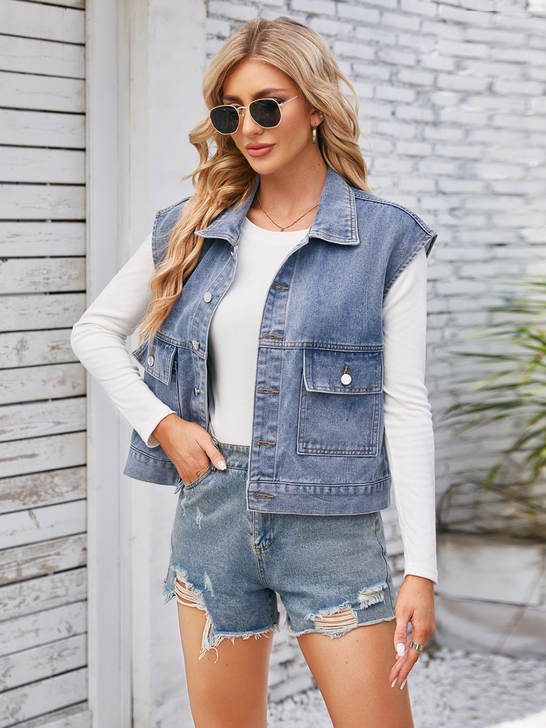 Cap Sleeve Denim Jacket with Pockets - The Boutie Shop