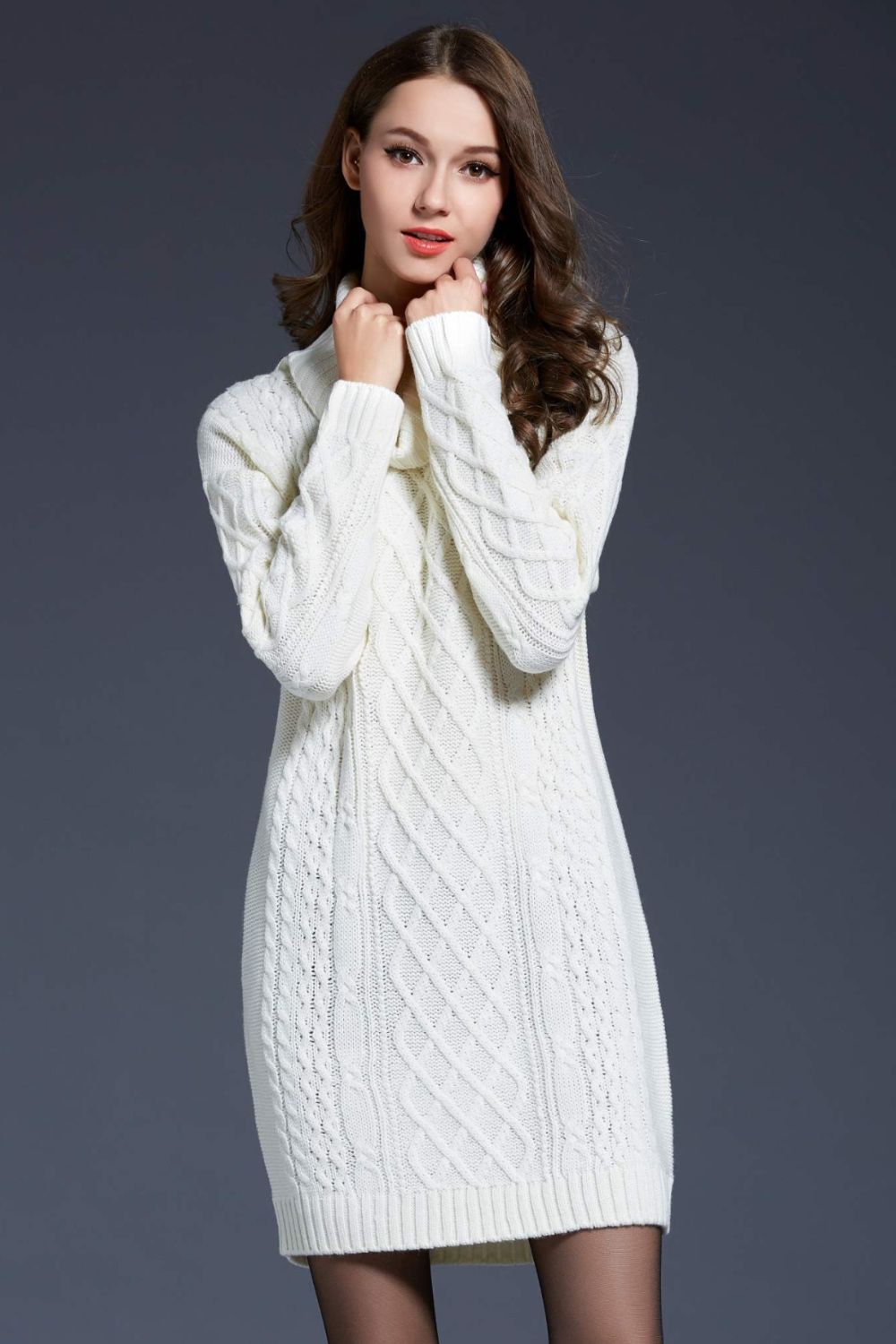 Woven Right Full Size Mixed Knit Cowl Neck Dropped Shoulder Sweater Dress - The Boutie Shop