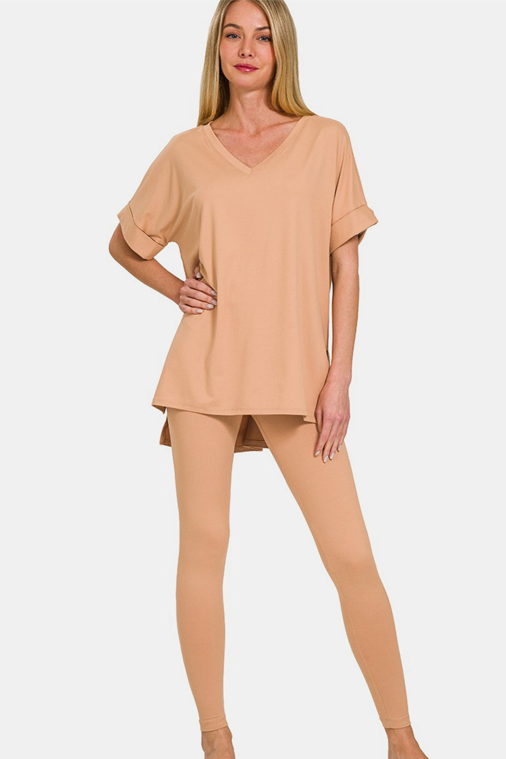 Zenana Full Size V-Neck Rolled Short Sleeve T-Shirt and Leggings Lounge Set - The Boutie Shop