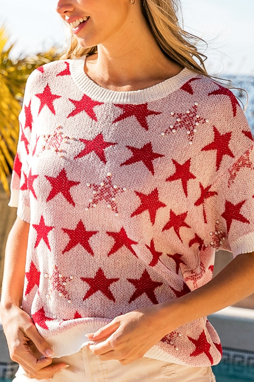 BiBi Star Pattern Round Neck Short Sleeve Knit Top - The Boutie Shop