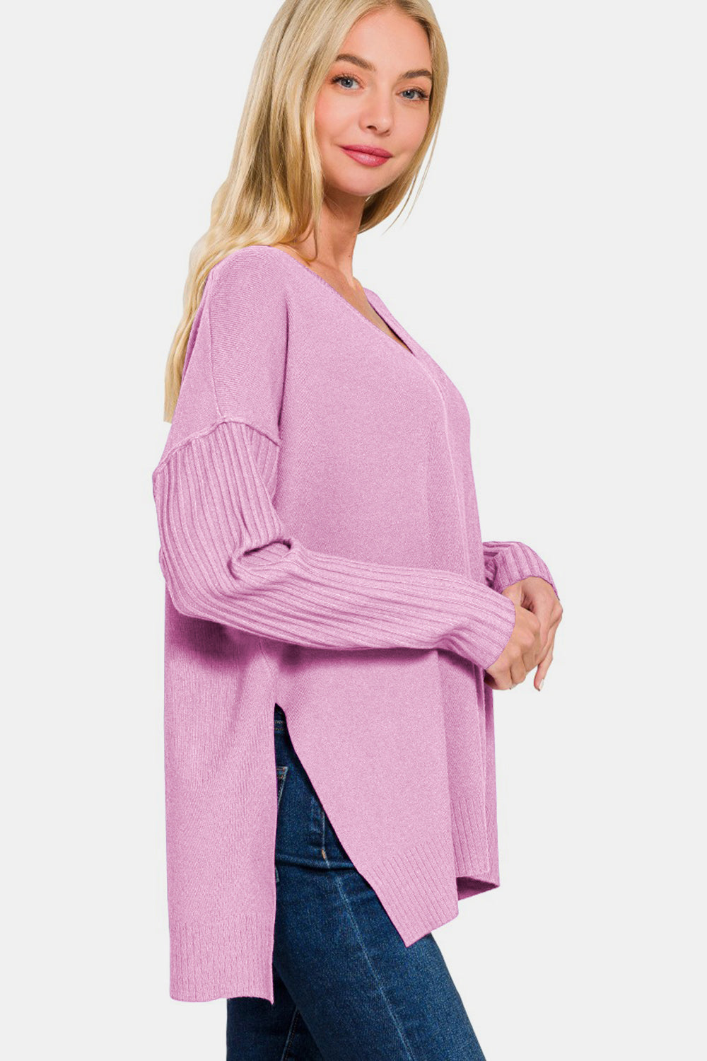 Zenana V-Neck Side Slit High-Low Sweater - The Boutie Shop