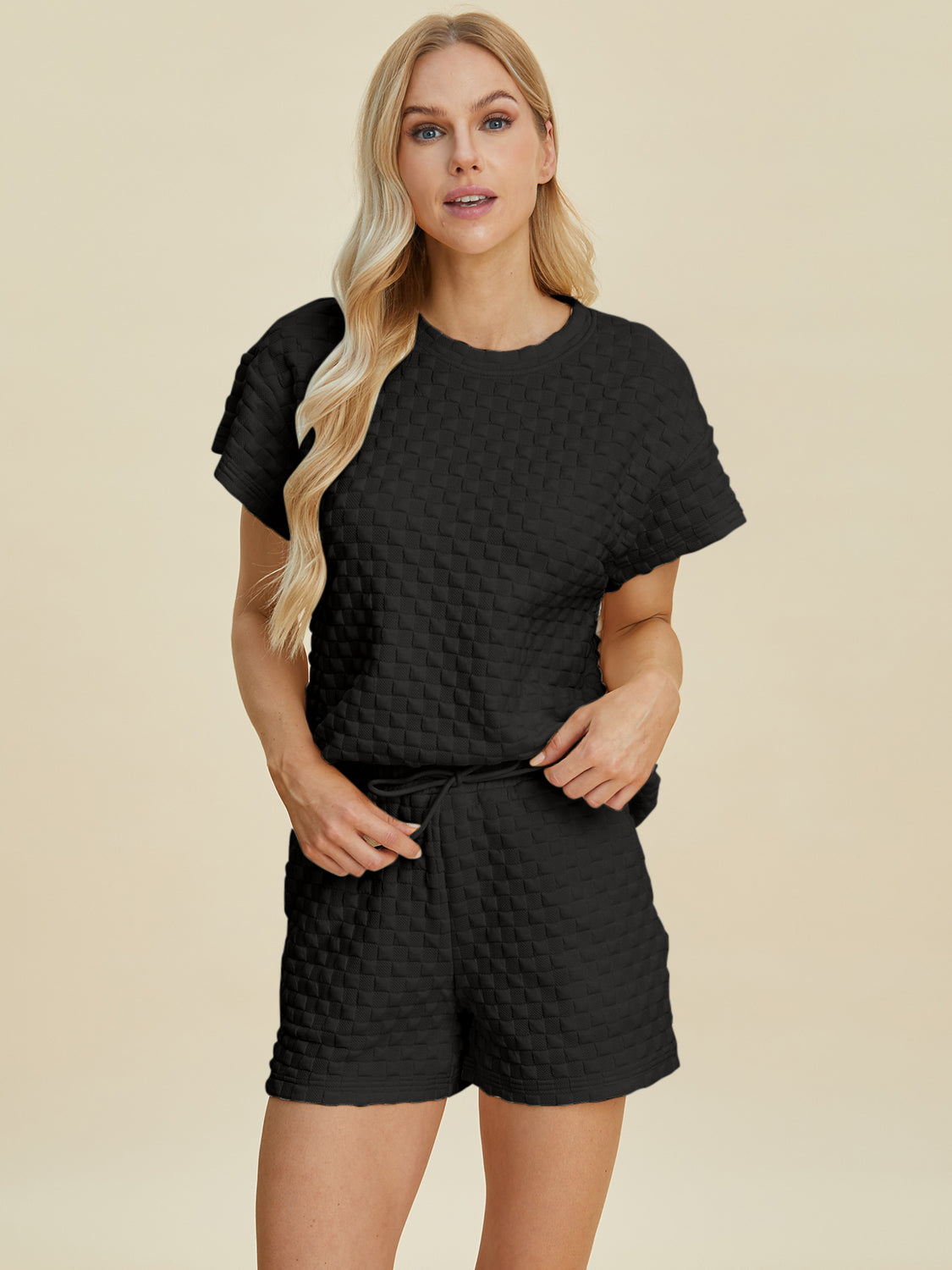 Double Take Full Size Texture T-Shirt and Shorts Set - The Boutie Shop