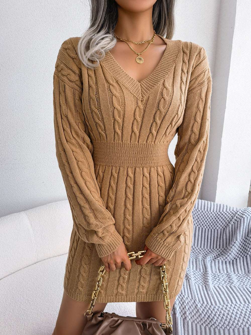 Cable-Knit V-Neck Mini Sweater Dress - The Boutie Shop