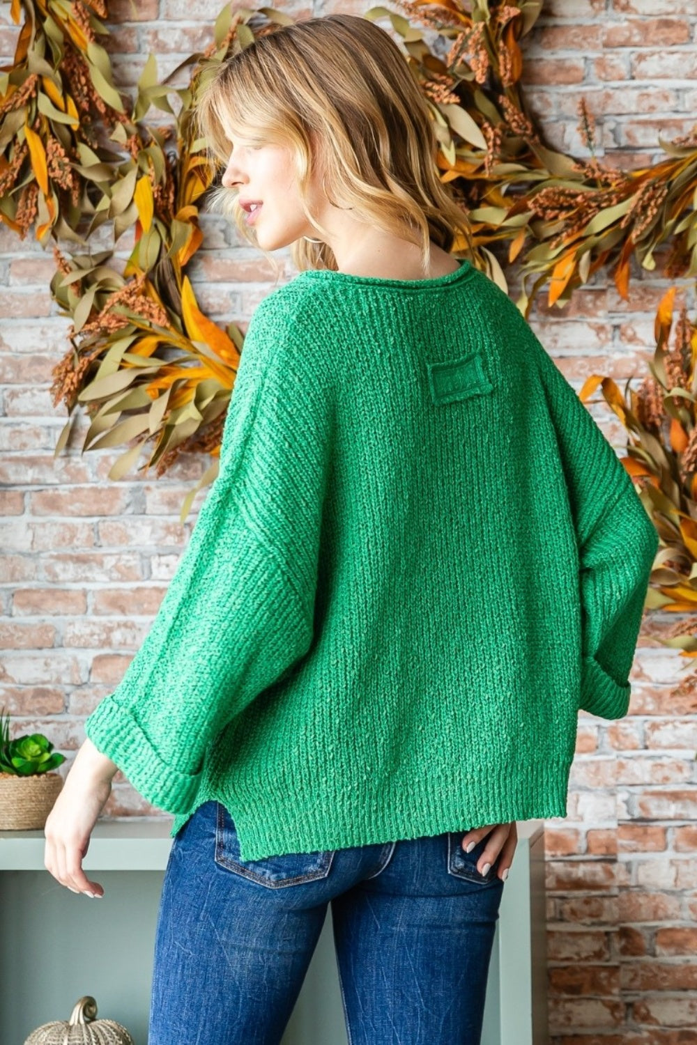 Veveret Notched Long Sleeve Sweater - The Boutie Shop