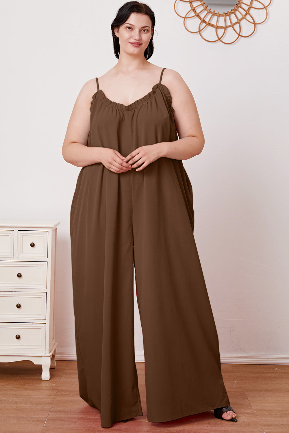 Double Take Full Size Ruffle Trim Tie Back Cami Jumpsuit with Pockets - The Boutie Shop