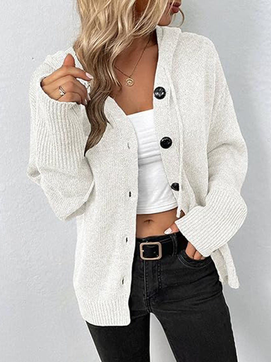 Button Up Drawstring Long Sleeve Hooded Cardigan - The Boutie Shop