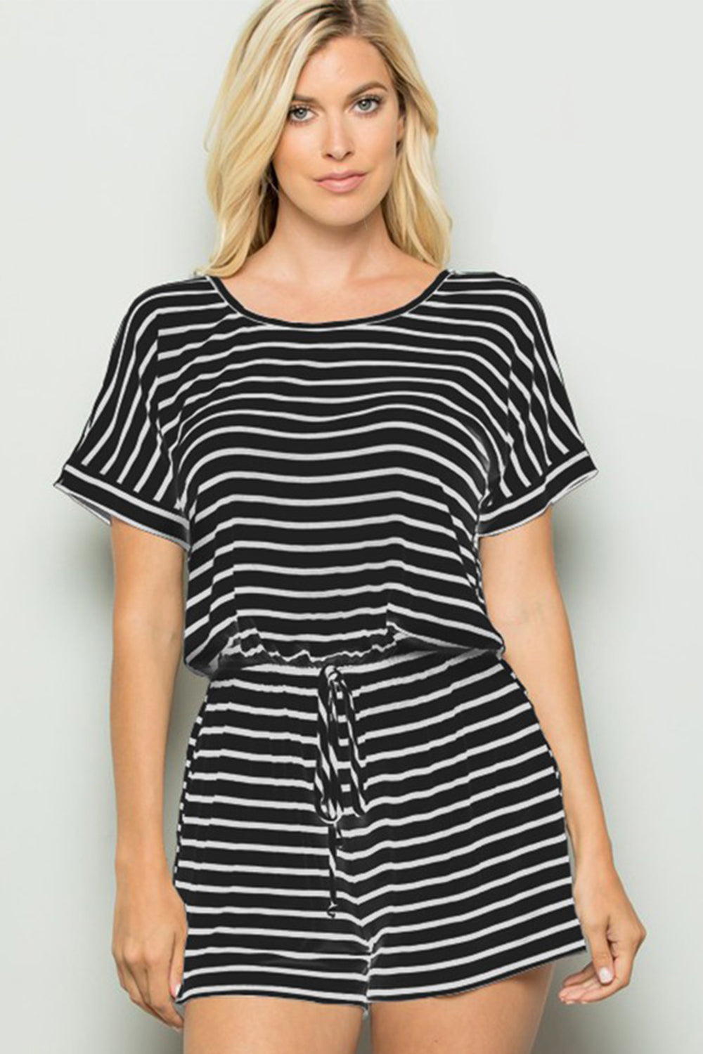 Heimish Full Size Striped Round Neck Short Sleeve Romper - The Boutie Shop