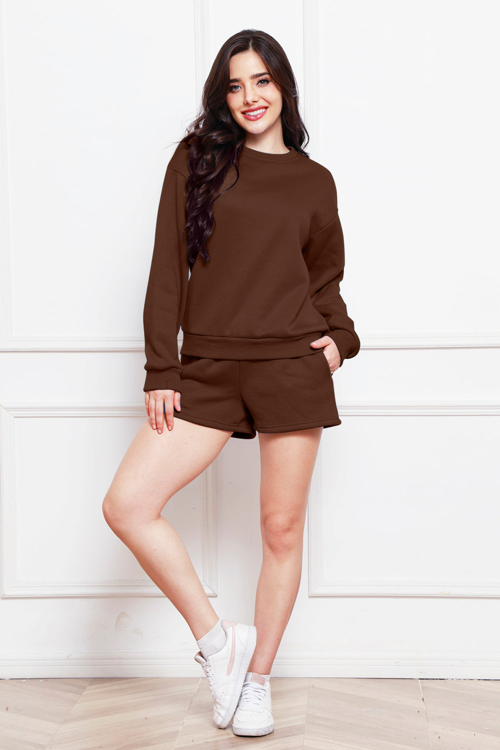 Round Neck Long Sleeve Sweatshirt and Drawstring Shorts Set - The Boutie Shop