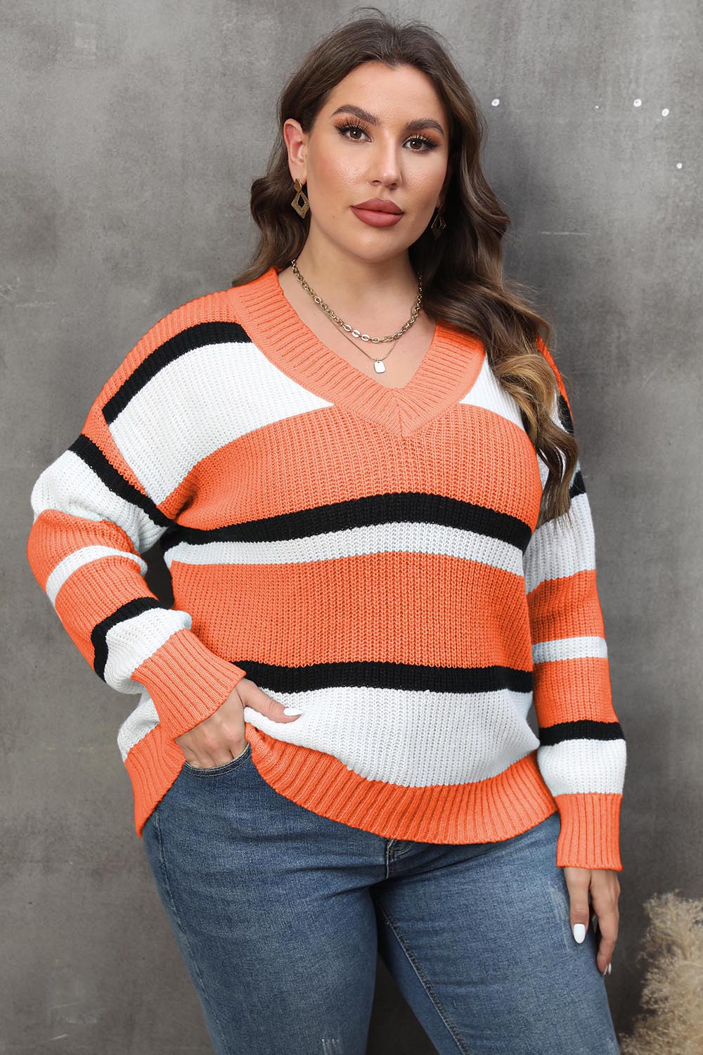 Plus Size Striped V-Neck Dropped Shoulder Sweater - The Boutie Shop