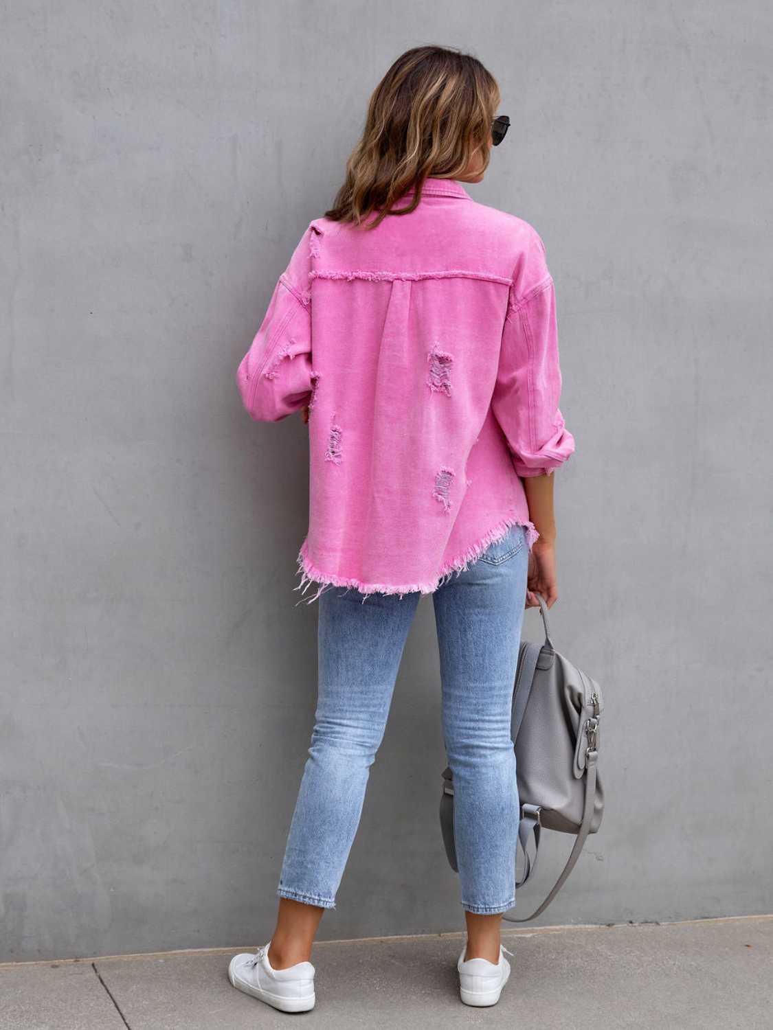 Distressed Drop Shoulder Denim Jacket - The Boutie Shop