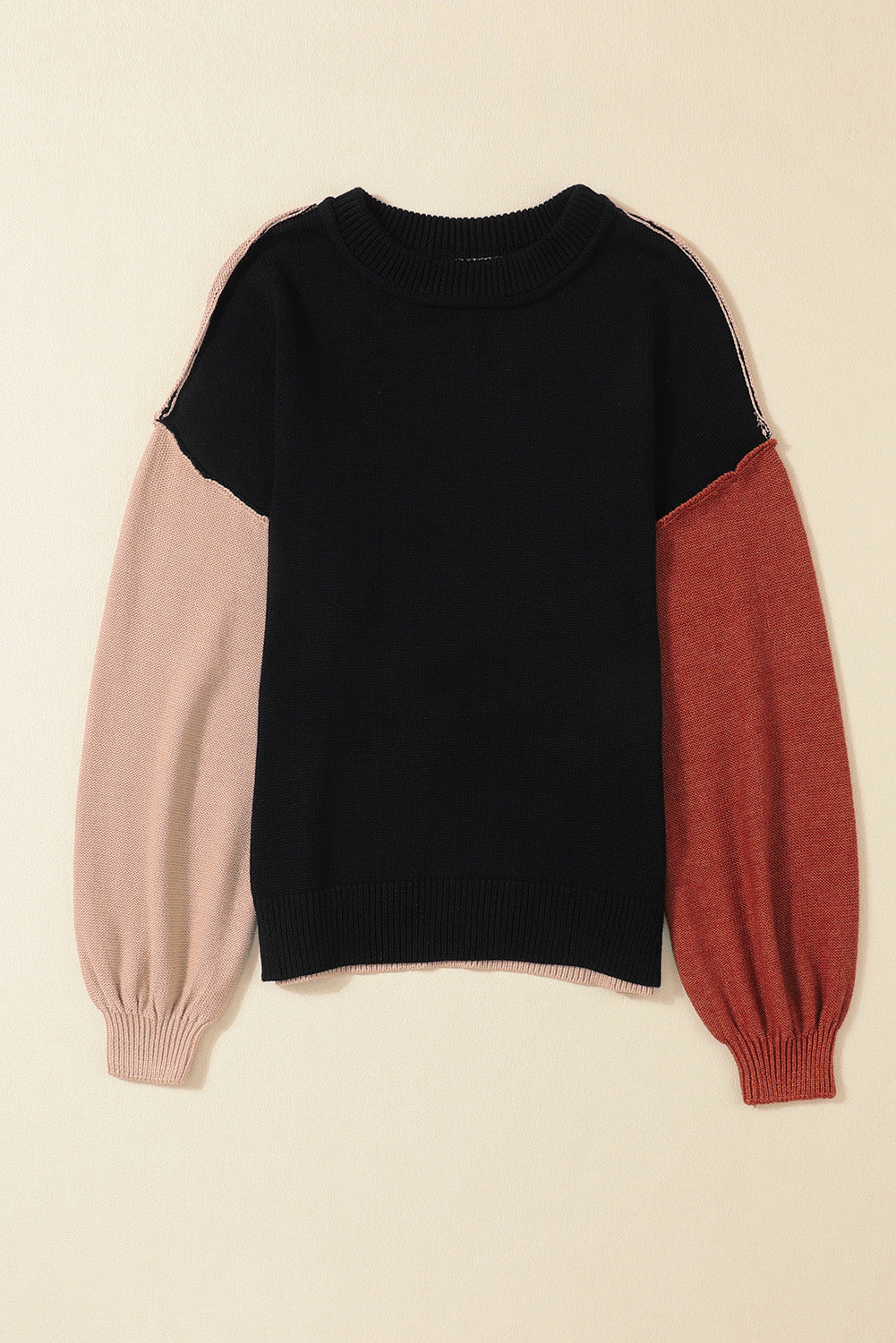 Contrast Round Neck Dropped Shoulder Sweater - The Boutie Shop