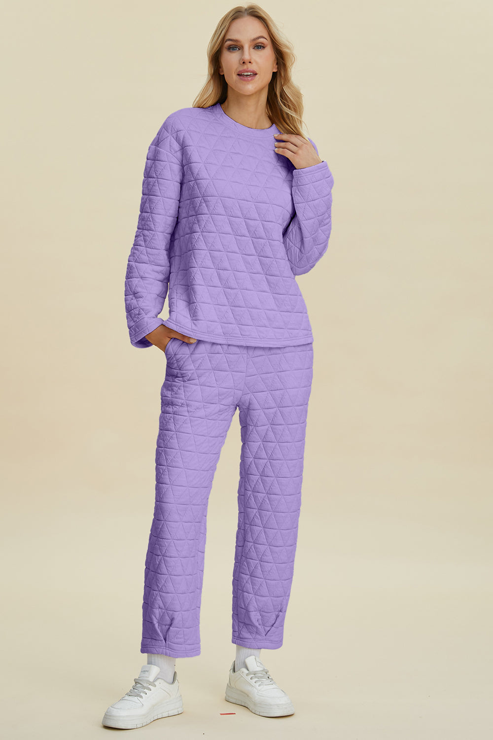 Double Take Full Size Texture Round Neck Long Sleeve Top and Pants Set - The Boutie Shop