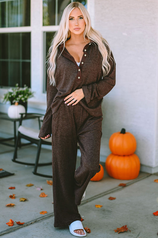 Buttoned Long Sleeve Top and Long Pants Lounge Set - The Boutie Shop