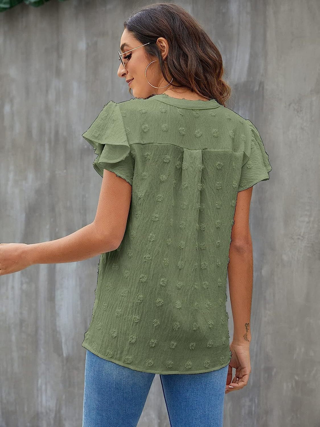 Swiss Dot Notched Cap Sleeve Blouse - The Boutie Shop