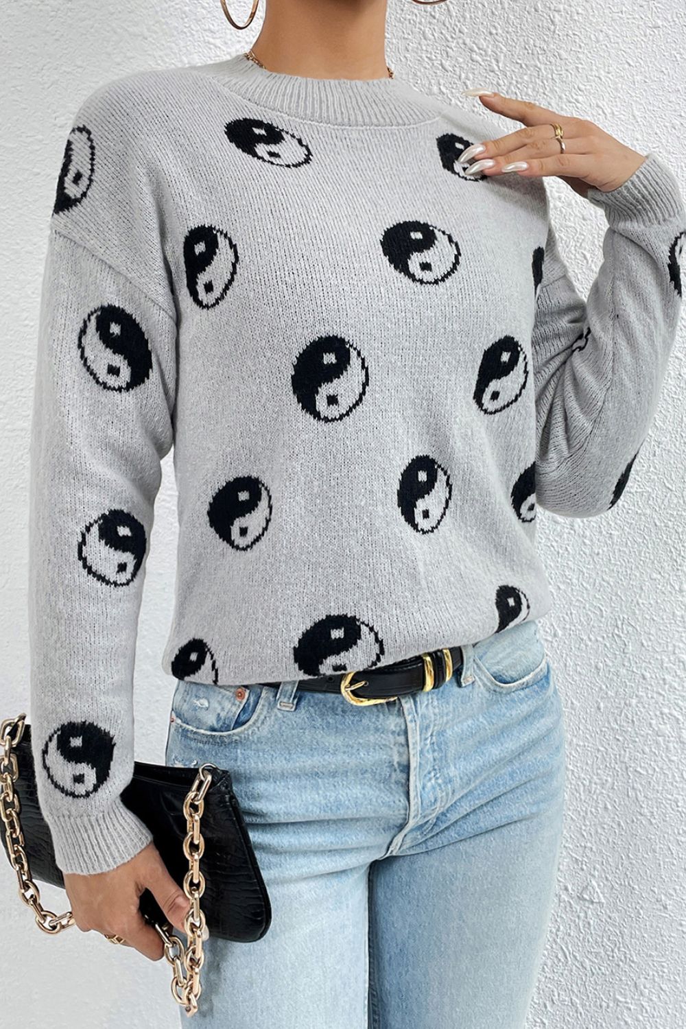 Graphic Mock Neck Dropped Shoulder Sweater - The Boutie Shop