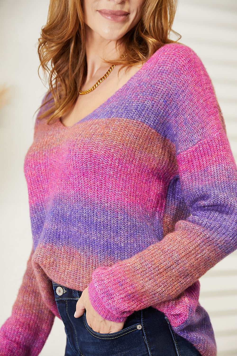 Angel Wings Multicolored Rib-Knit V-Neck Knit Pullover - The Boutie Shop