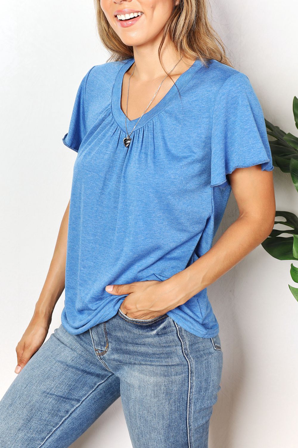 Double Take Ruched V-Neck Short Sleeve T-Shirt - The Boutie Shop