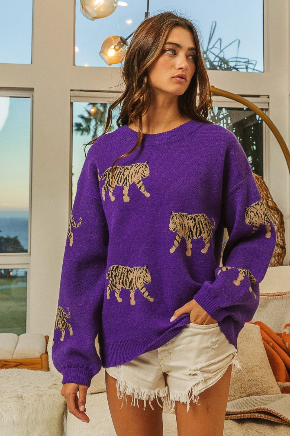 BiBi Tiger Pattern Long Sleeve Sweater - The Boutie Shop