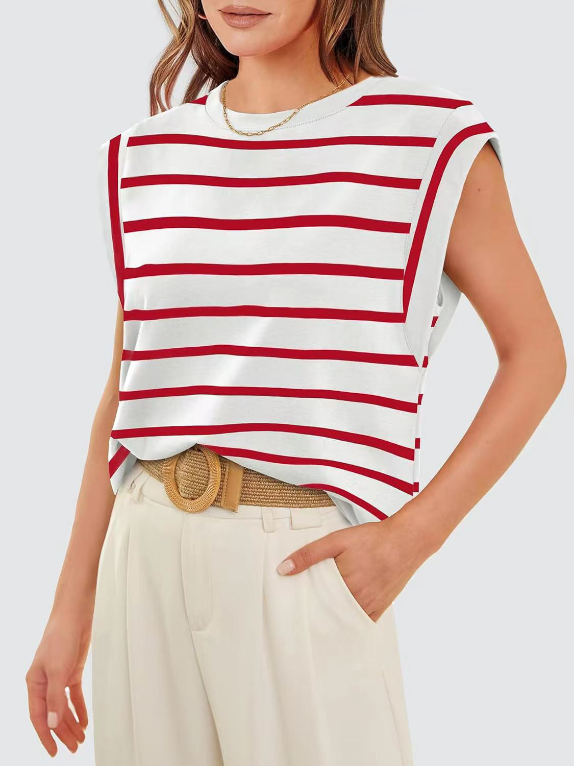 Striped Round Neck Cap Sleeve T-Shirt - The Boutie Shop