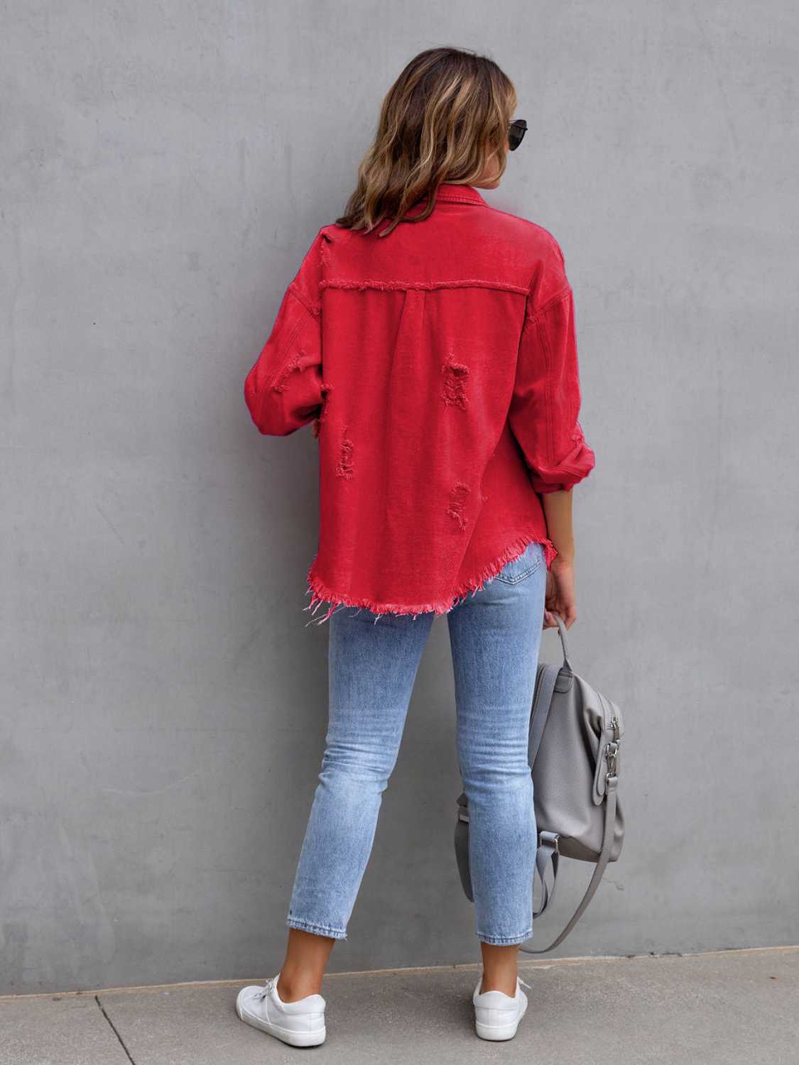 Distressed Drop Shoulder Denim Jacket - The Boutie Shop