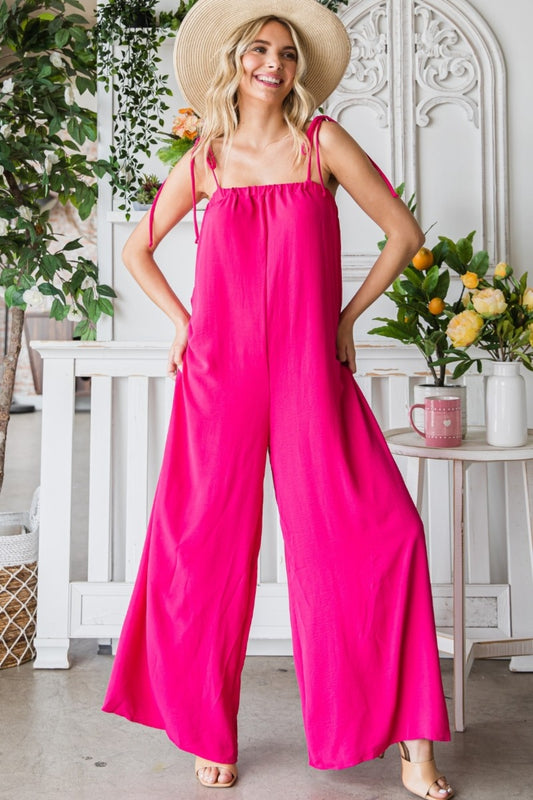 Veveret Pocketed Spaghetti Strap Wide Leg Jumpsuit - The Boutie Shop