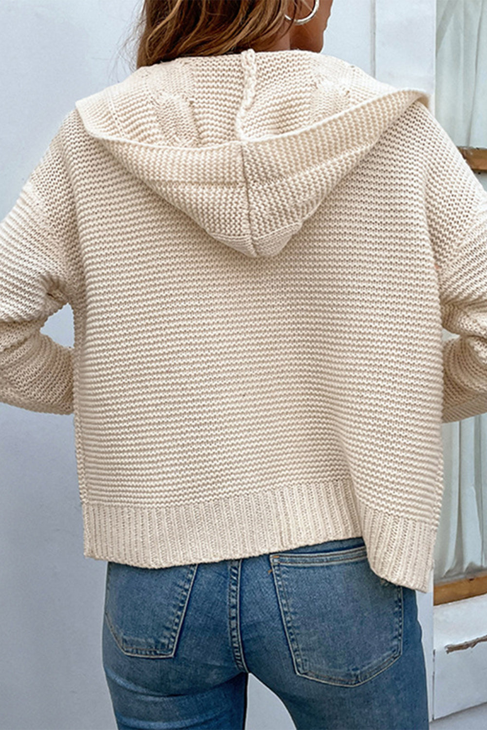 Cable-Knit Dropped Shoulder Hooded Cardigan - The Boutie Shop