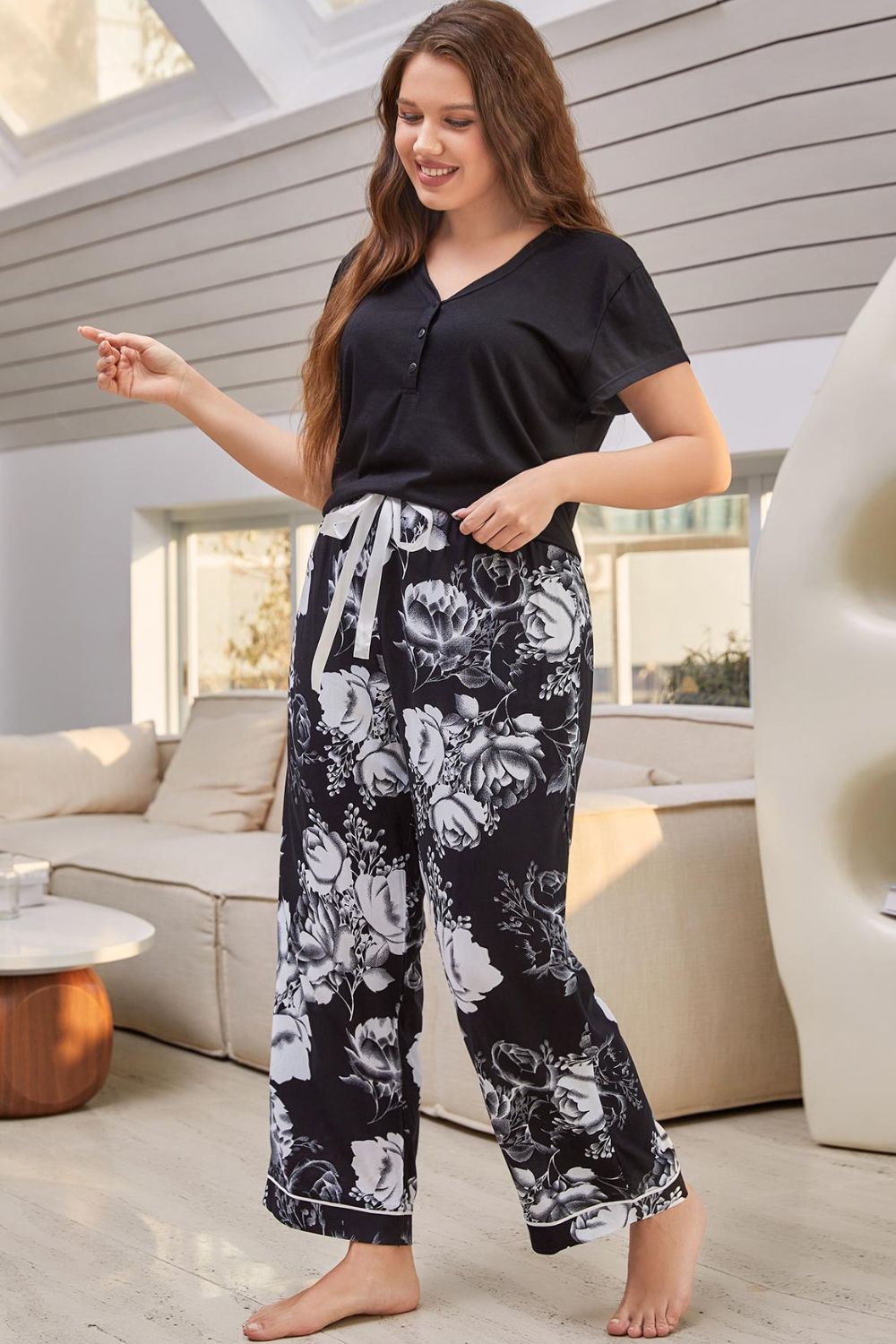 Full Size V-Neck Top and Floral Pants Lounge Set - The Boutie Shop