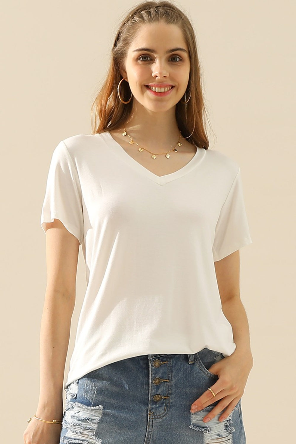 Ninexis Full Size V-Neck Short Sleeve T-Shirt - The Boutie Shop