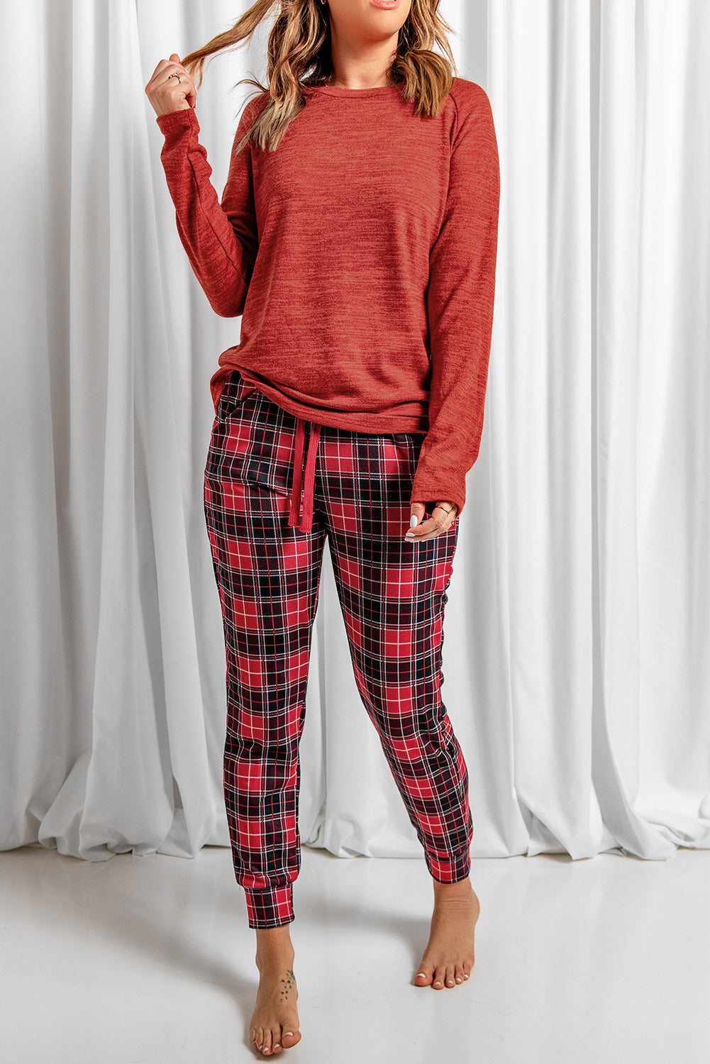 Round Neck Top and Drawstring Plaid Pants Lounge Set - The Boutie Shop