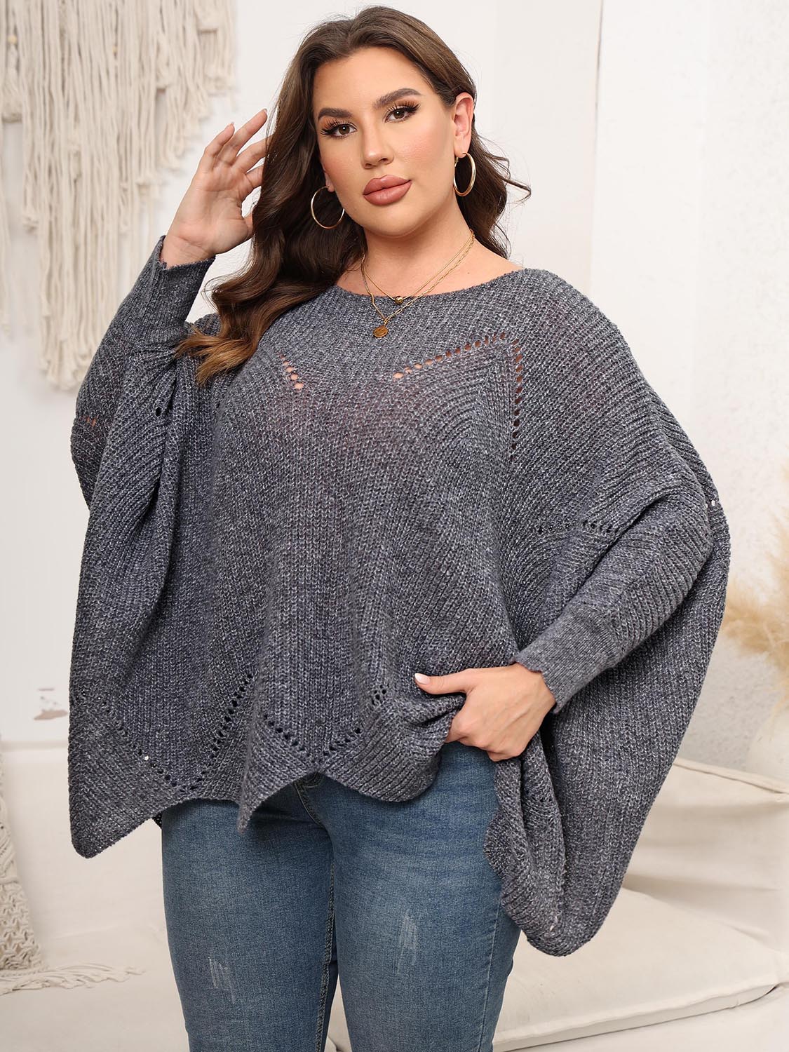 Plus Size Round Neck Batwing Sleeve Sweater - The Boutie Shop