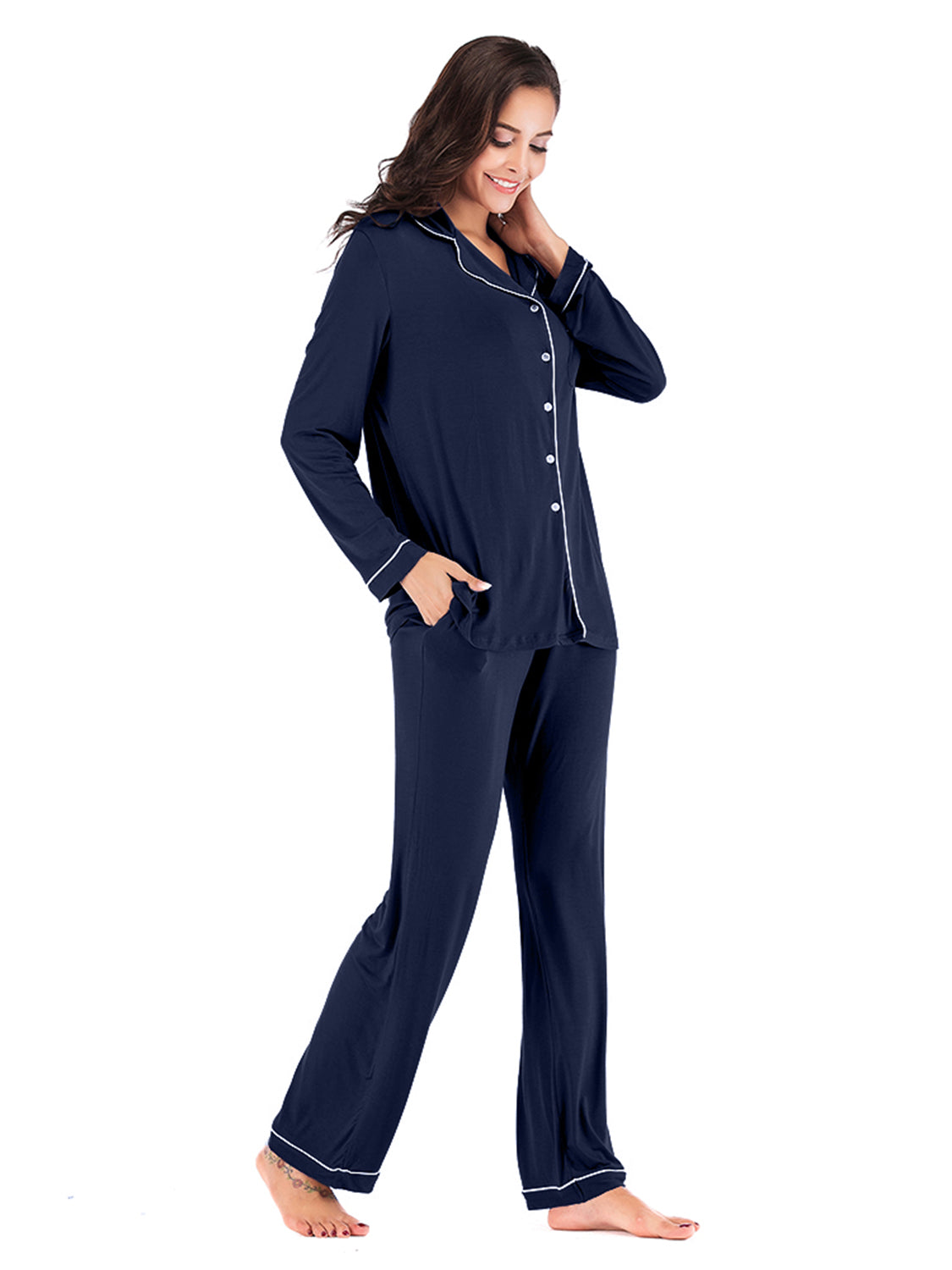 Collared Neck Long Sleeve Loungewear Set with Pockets - The Boutie Shop