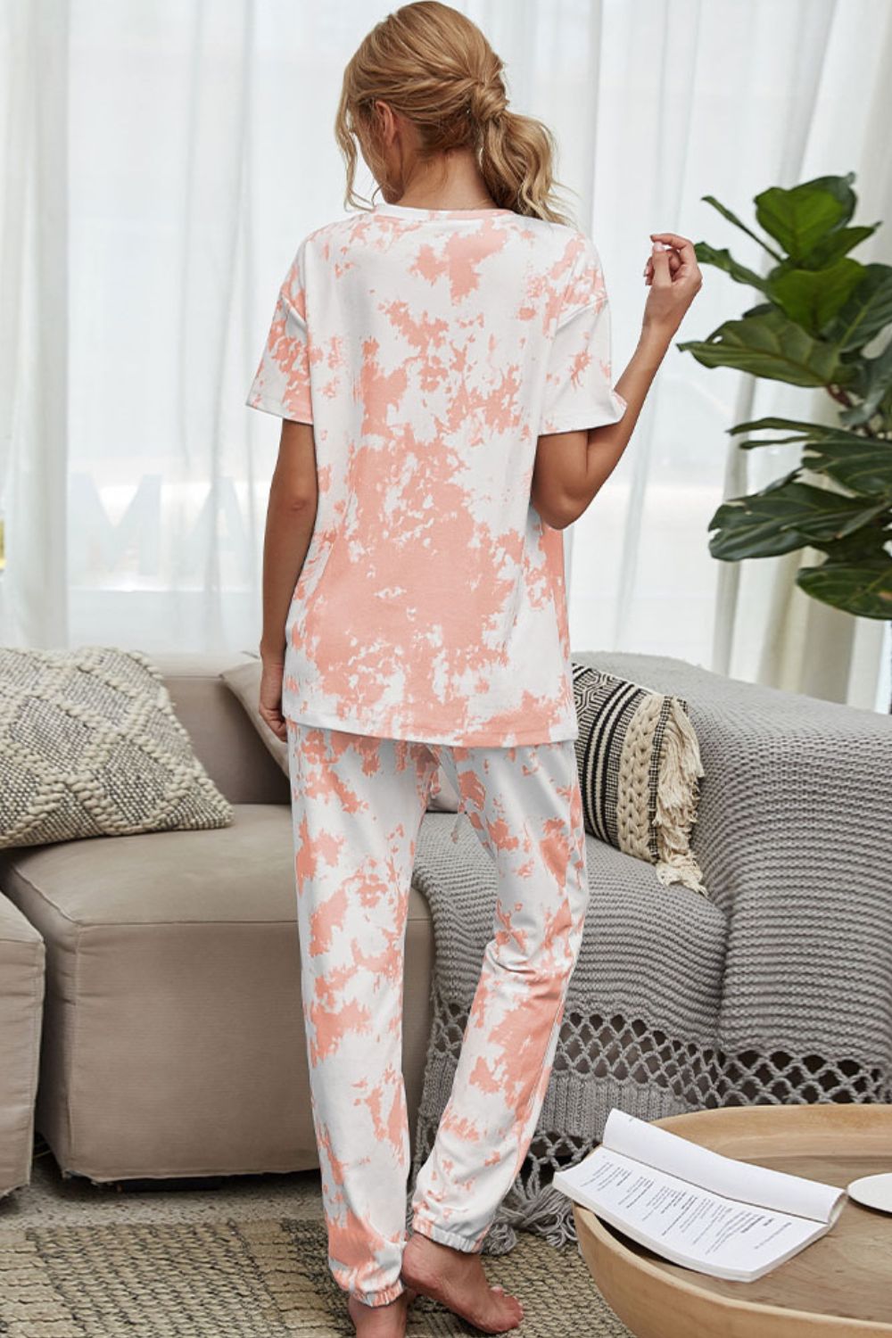 Shiny Tie-Dye Tee and Drawstring Waist Joggers Lounge Set - The Boutie Shop