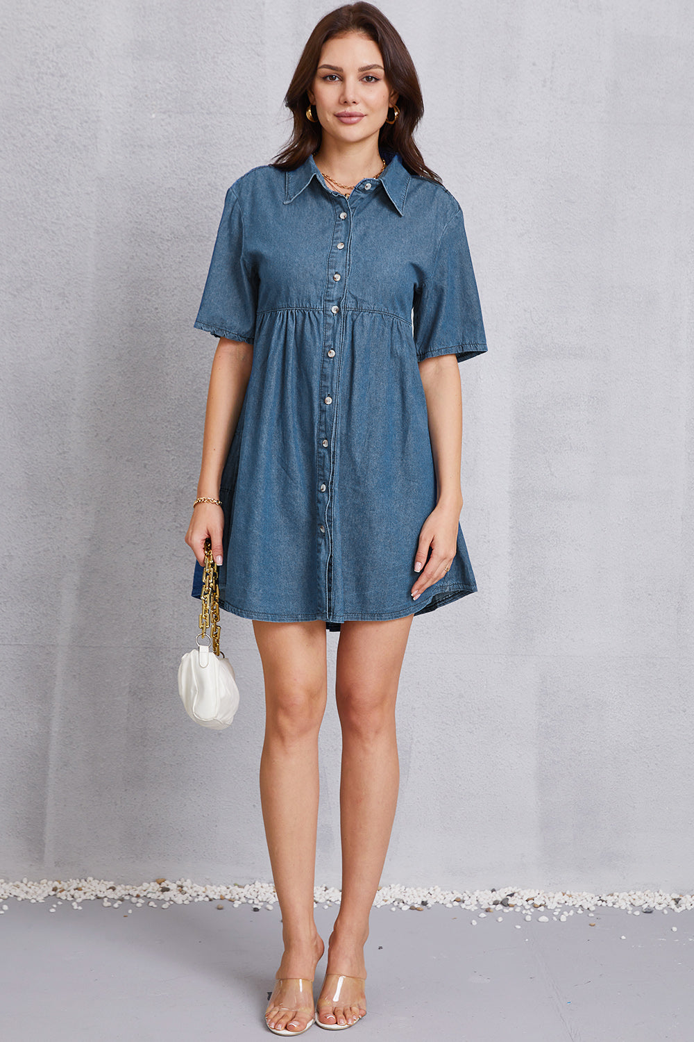 Button Up Collared Neck Tiered Denim Dress - The Boutie Shop