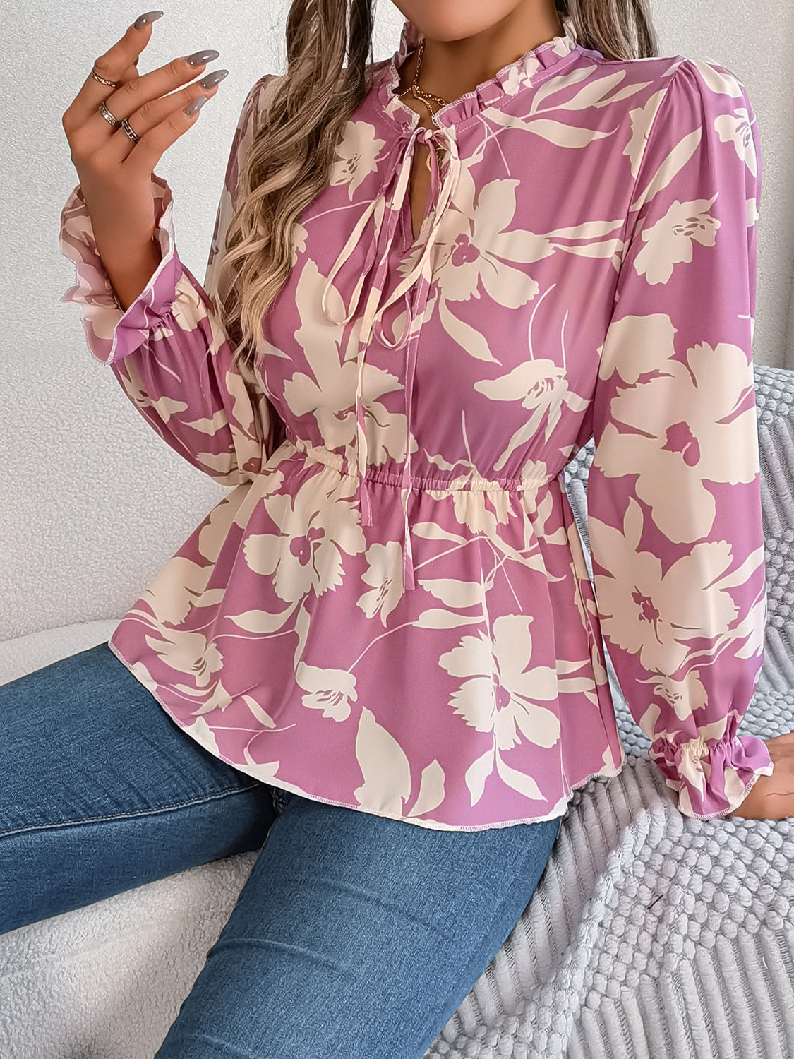 Printed Tie Neck Flounce Sleeve Blouse - The Boutie Shop