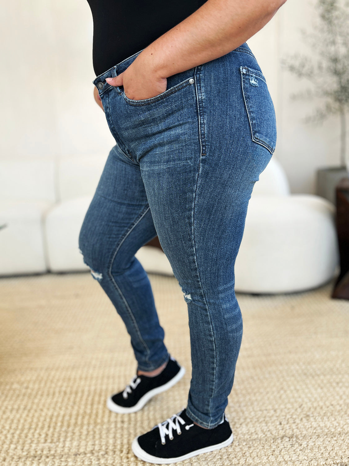 Judy Blue Full Size Mid Waist Distressed Slim Jeans - The Boutie Shop