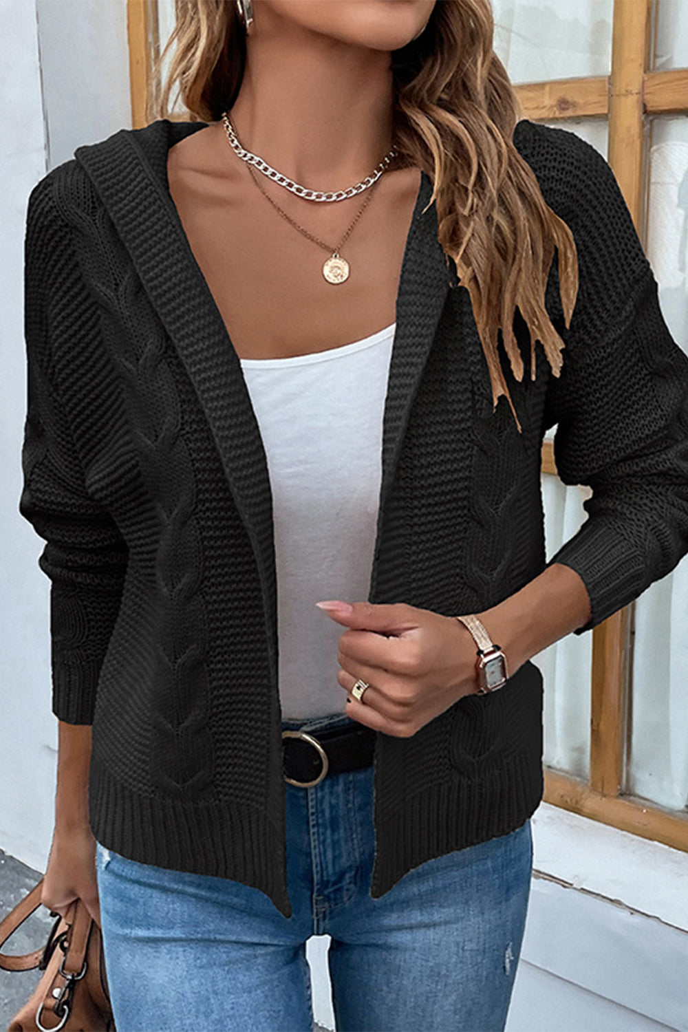 Cable-Knit Dropped Shoulder Hooded Cardigan - The Boutie Shop