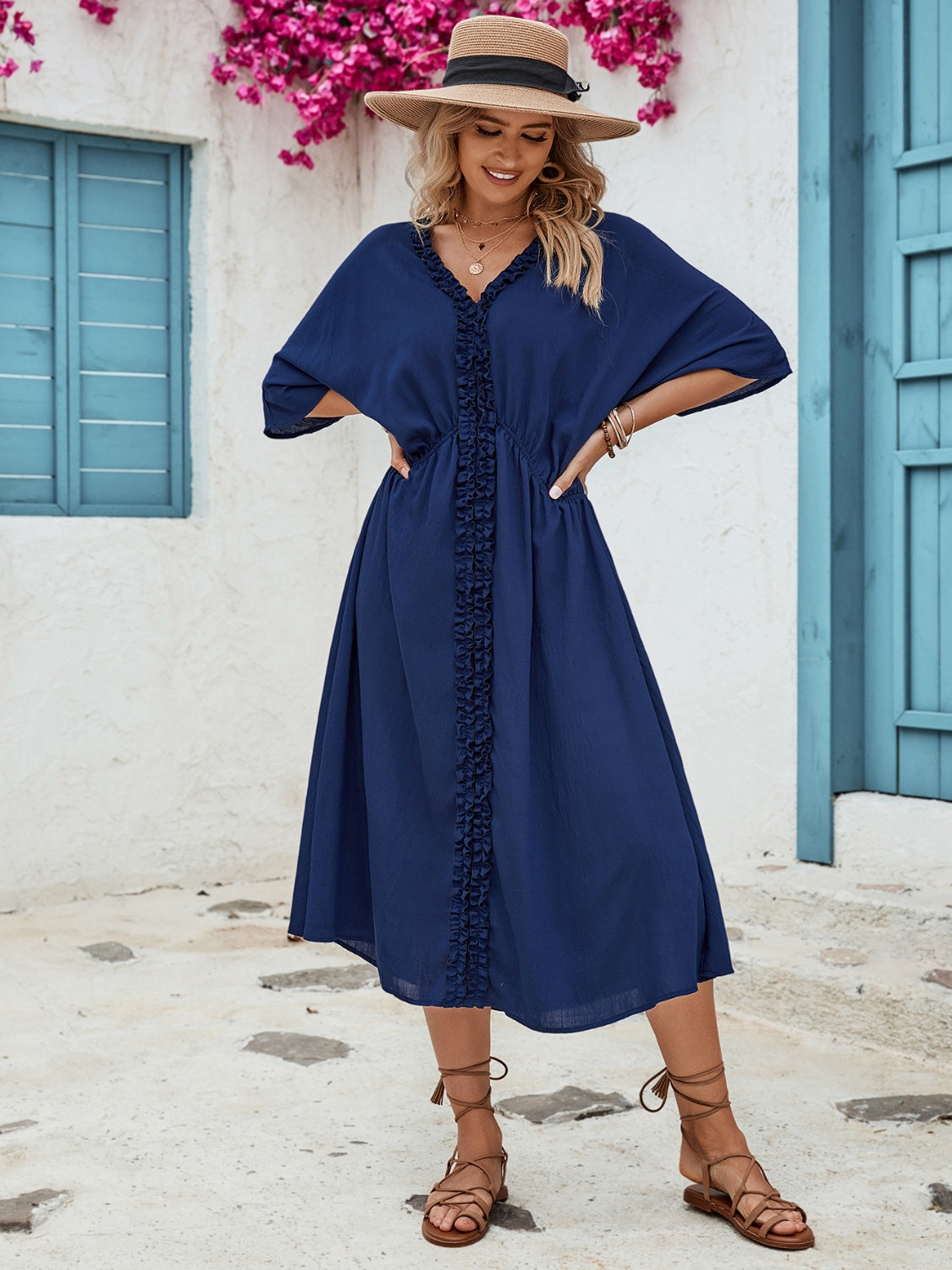 Honey Frill Slit V-Neck Three-Quarter Sleeve Dress - The Boutie Shop