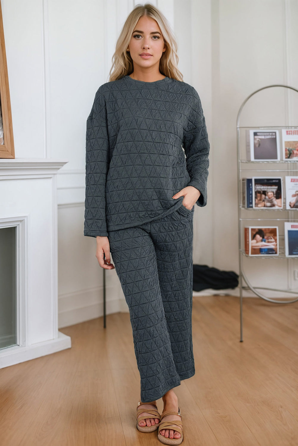 Round Neck Top and Pocketed  Pants Lounge Set - The Boutie Shop