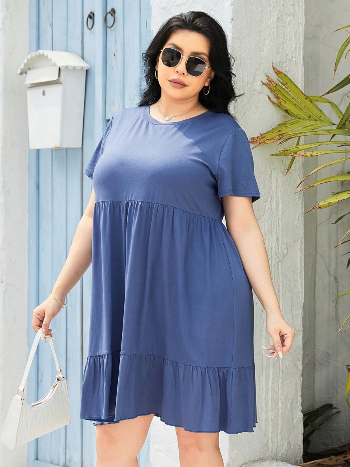 Plus Size Round Neck Short Sleeve Dress - The Boutie Shop