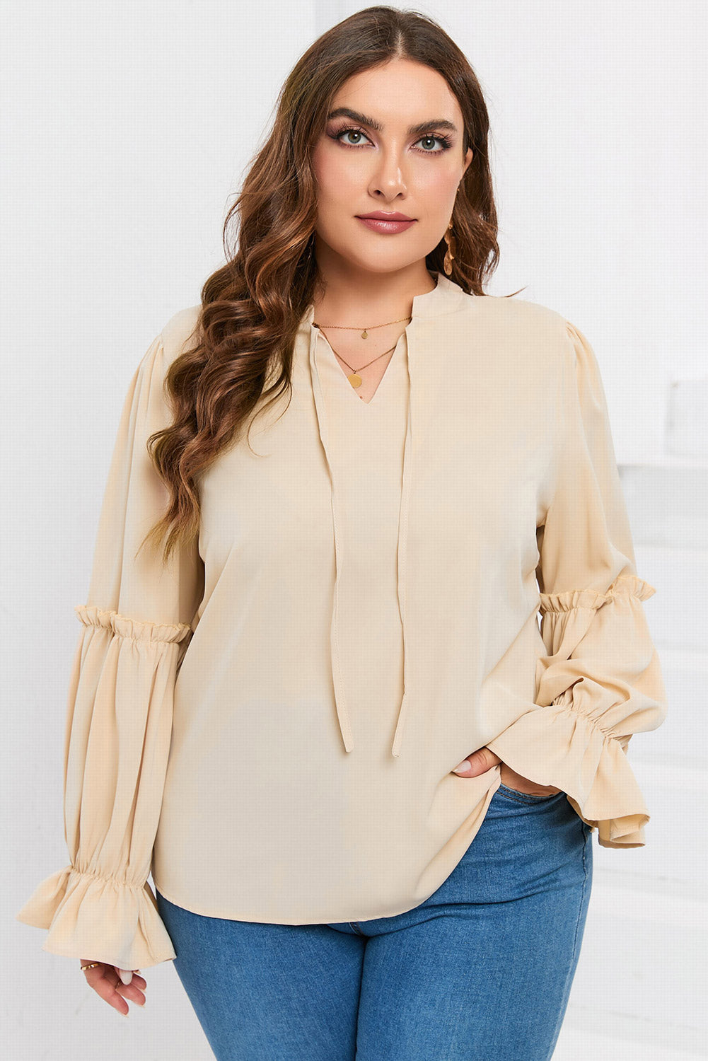 Plus Size Ruffled Tie Neck Flounce Sleeve Blouse - The Boutie Shop