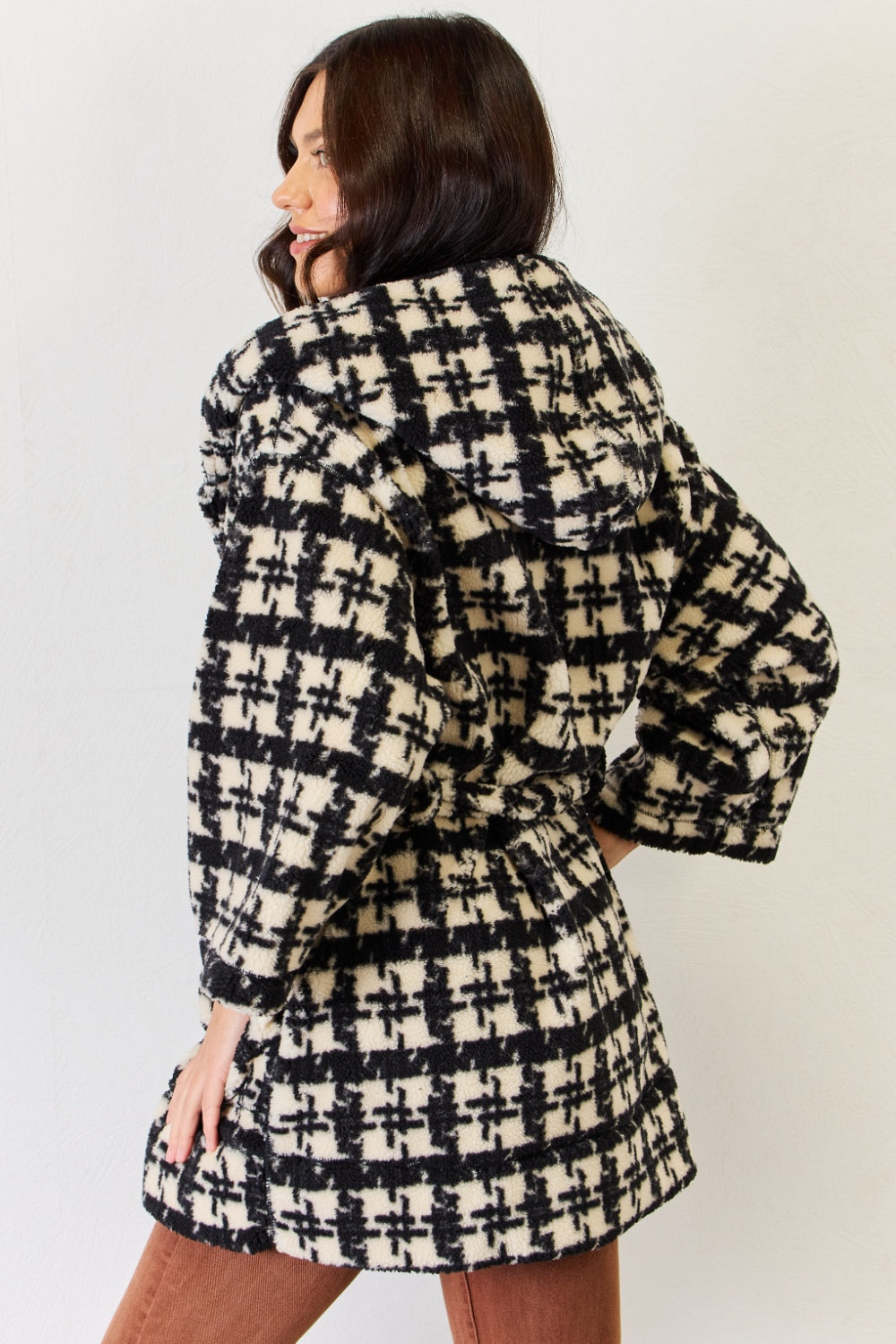 J.NNA Fuzzy Plaid Waist Tie Hooded Robe Cardigan - The Boutie Shop