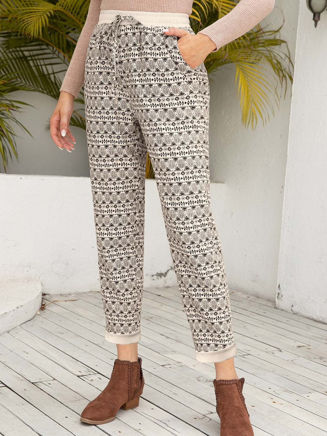 Ivy Lane Tied Printed Pants with Pockets - The Boutie Shop