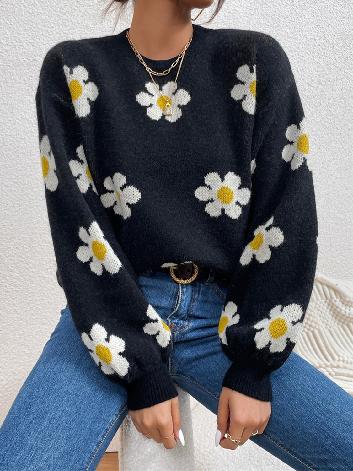 Flower Round Neck Latern Sleeve Sweater - The Boutie Shop