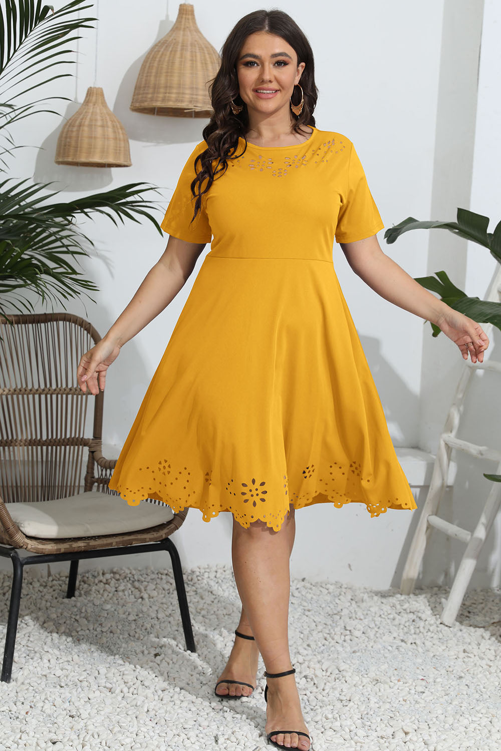 Plus Size Round Neck Openwork Dress - The Boutie Shop