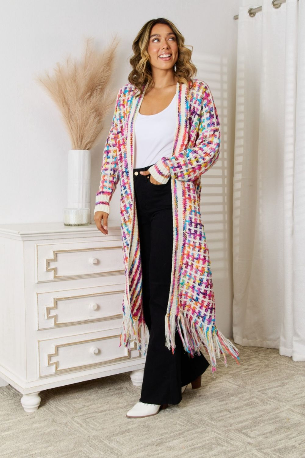 Angel Wings Full Size Multicolored Open Front Fringe Hem Cardigan - The Boutie Shop