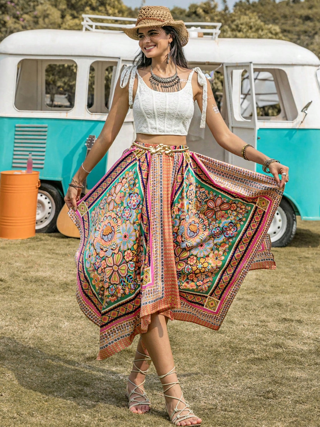 Printed High Waist Handkerchief Hem Skirt - The Boutie Shop