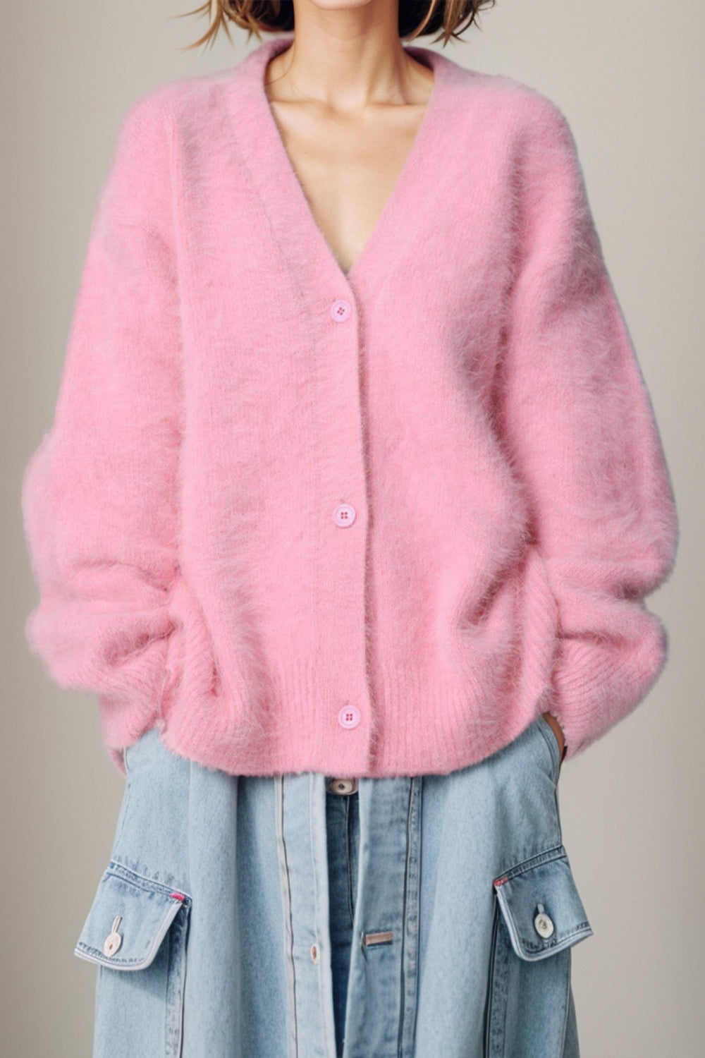 Button Up Dropped Shoulder Cardigan - The Boutie Shop